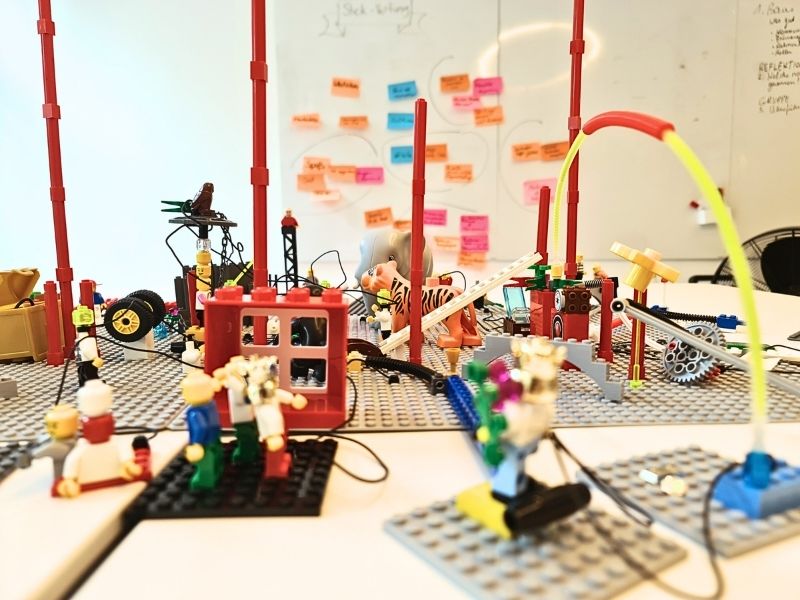 A complex shared model built by a team during a LEGO Serious Play workshop, showing interconnected business systems.